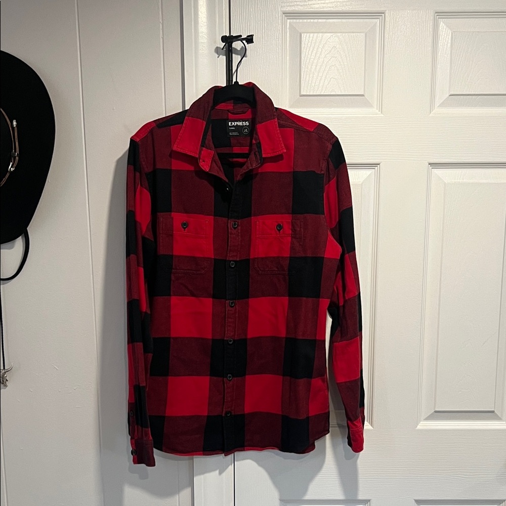 Express Men’s Red and Black Plaid Flannel Shirt Large Tall